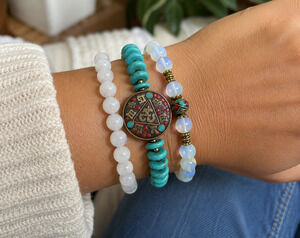 Nepalese Tibetan-Style Buddhist Om Pendant Turquoise Opalite Beaded Bracelet Set